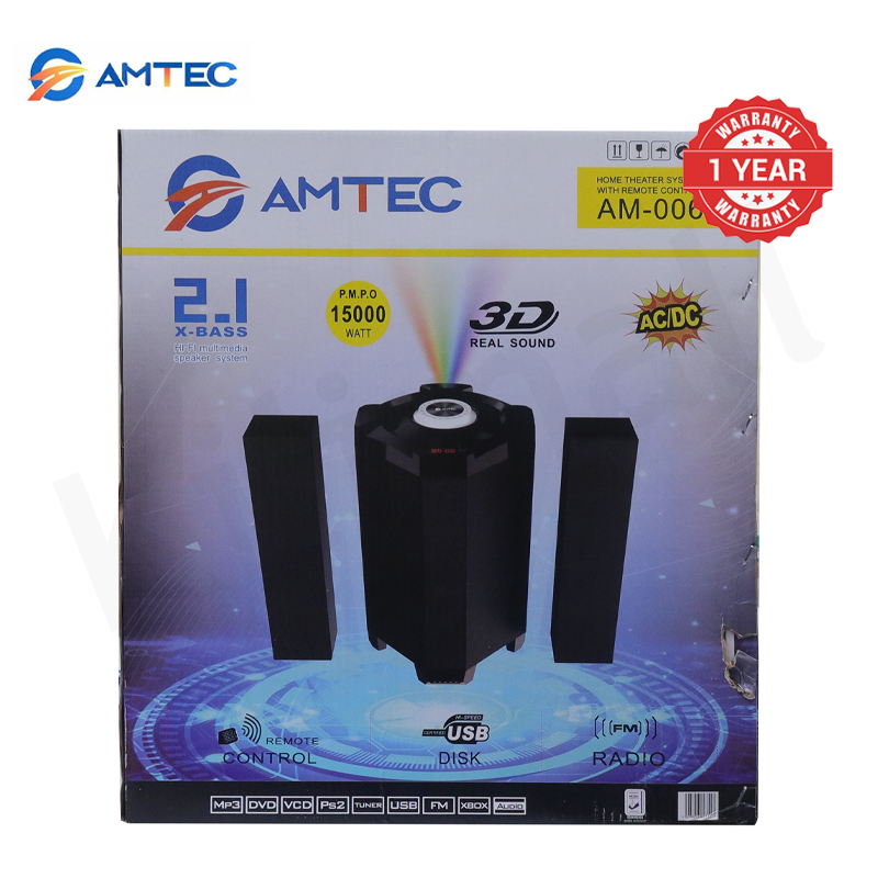 Amtec AM-006 2.1CH Home Theater Subwoofer Speaker 15000W PMPO, Built-in Powerful Amplifier, Bluetooth FM AUX USB SD BT Playback, Remote Control Compact Stylish Audio System 1 Year Warranty