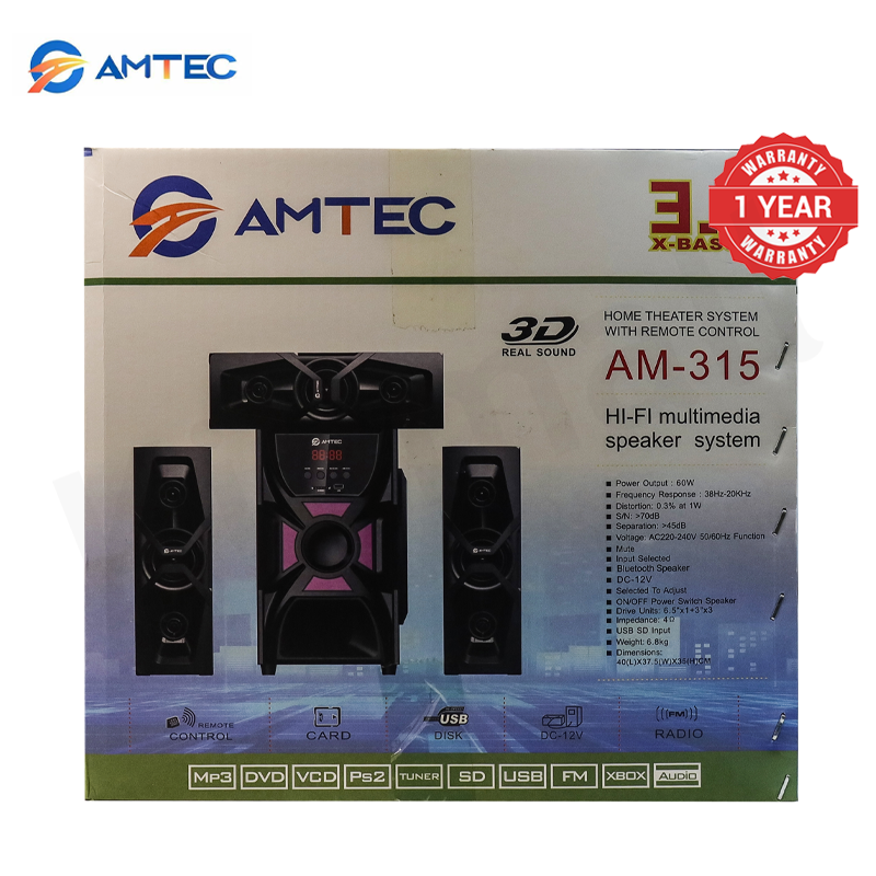 Amtec AM-315 3.1CH Multimedia Subwoofer Audio System,Speaker System 60W RMS 10000W PMPO,AC220V/DC12V Dual Power,Deep Surround Bass,Bluetooth FM AUX USB SD Playback 1 Year Warranty