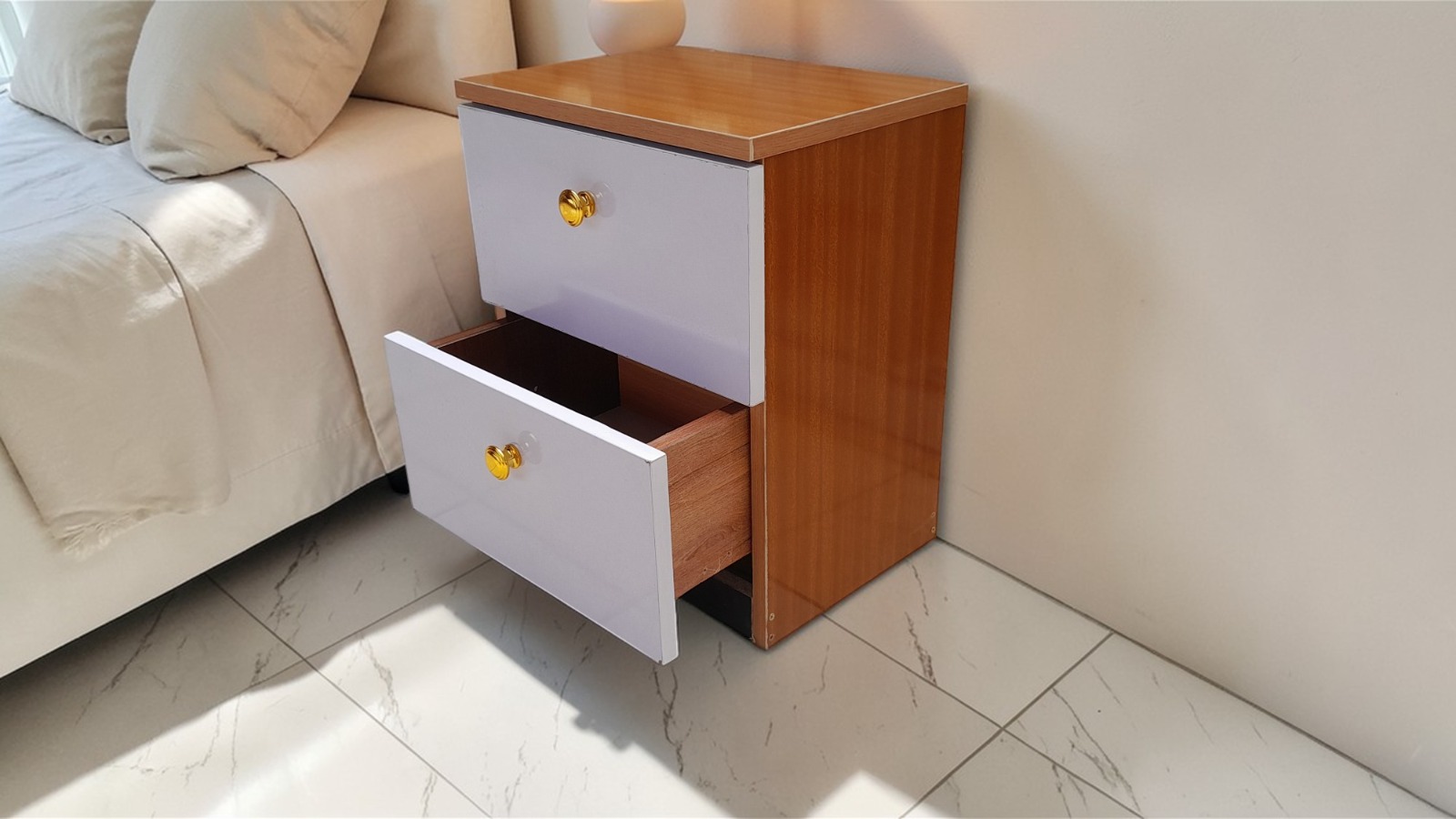 [BRAND NEW!!] Julz Bedside Drawer Modern Nightstand End Side Table Bedside Furniture Night Stand 2 Drawer Dresser Chest with Open Shelves Small Office Filing Storage Cabinet for BEDROOM