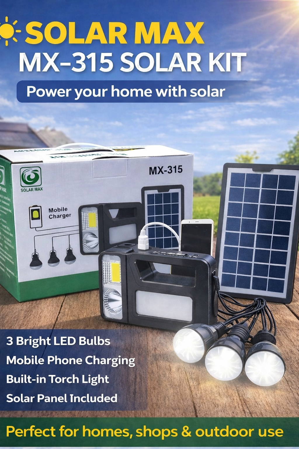Solar Max MX-315 Solar Lighting Kit with USB Charging – 3 LED Bulbs + Solar Panel + Power Unit for Off-Grid Home, Garden & Emergency Backup