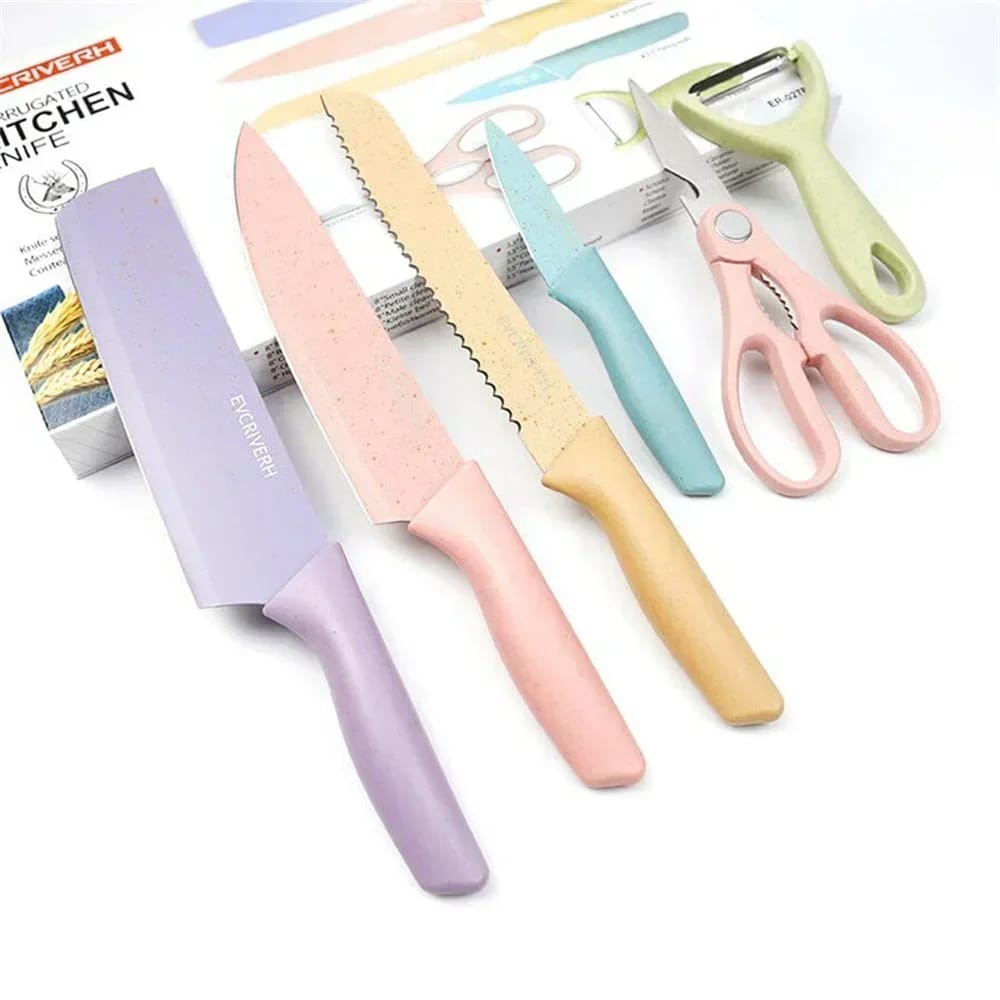 Macaron Colourful 6-Piece Stainless Steel Knife Set – Non-Stick Coating, Ergonomic Wheat Straw Handles, Gift Box, Home Kitchen Vegetable Meat Knife Set