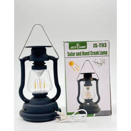 JSOT T93 Solar Rechargeable LED Lantern – Portable Hand Crank & Solar Lamp with Power Bank, USB Charging, Camping Emergency Light (Black)