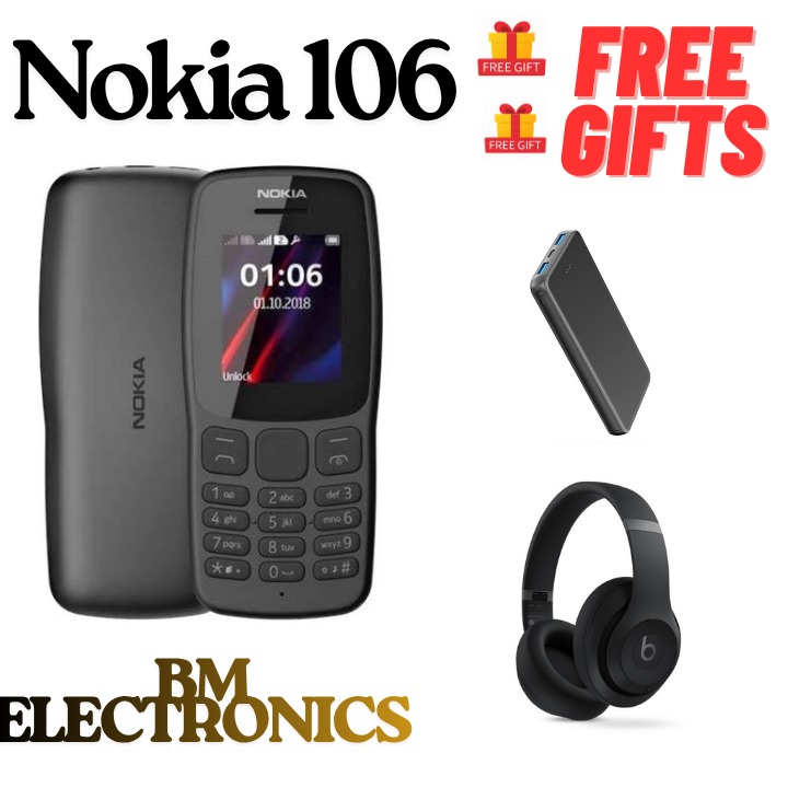 BRAND NEW Nokia 106 4G!!! Mobile Phones, 1.8" Dual SIM Cards Cell Phone 800 MAh Removable Battery Cheap Durable with FM Radio and Micro USB connector FEATURED PHONE +FREE GIFTS (HEADPHONES+POWERBANK)