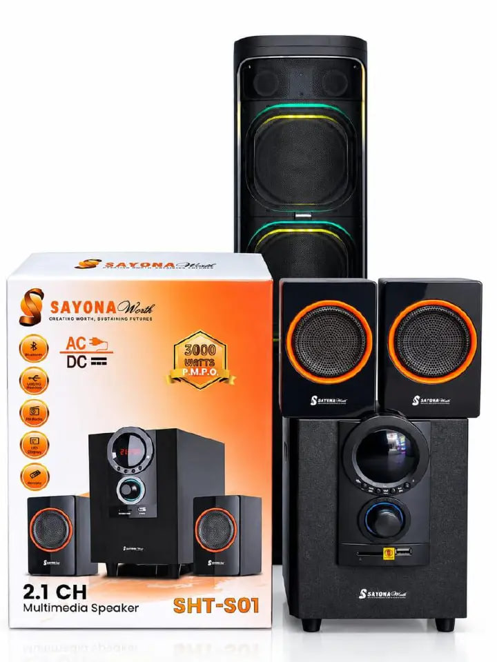 SHT-S01   2.1CH Subwoofer. Multimedia Speaker System / Subwoofer Sayona HOMETHEATRE Woofer system .AC/DC capability With Bluetooth function and Has FM radio.3000W PMPO.