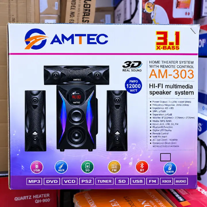 AMTEC AM-303 3.1CH Multimedia Speaker system with Bluetooth, USB, SD, FM Radio, AUX & Remote Control
