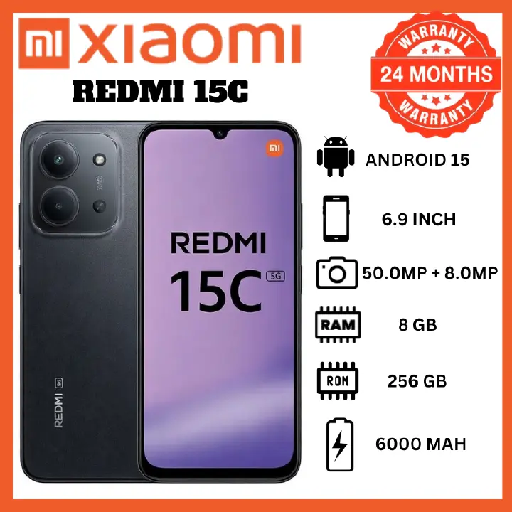Xiaomi Redmi 15C 256GB ROM+16GB RAM(8+8 Extended)| 6000mAh Big Battery 33W Fast Charge | 6.9 Inch 120Hz Display 50MP AI Camera | Android 15 4G Dual SIM Smart Phones
