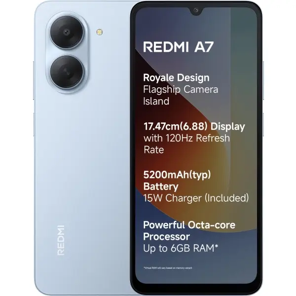 [New Arrival] Xiaomi Redmi A7 64GB + 3GB 6.88 Inch 120Hz LCD Display (32+8)MP Camera 5200mAh Battery 15W Charge Dual Sim Android 15 Side Fingerprint Smartphone
