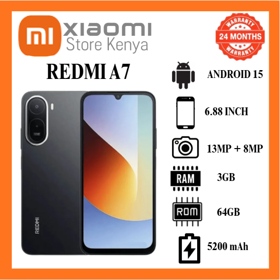 [New Arrival] Xiaomi Redmi A7 64GB + 3GB 6.88 Inch 120Hz LCD Display (32+8)MP Camera 5200mAh Battery 15W Charge Dual Sim Android 15 Side Fingerprint Smartphone