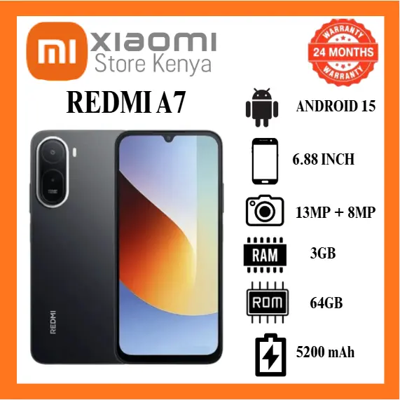 [New Arrival] Xiaomi Redmi A7 64GB + 3GB 6.88 Inch 120Hz LCD Display (32+8)MP Camera 5200mAh Battery 15W Charge Dual Sim Android 15 Side Fingerprint Smartphone