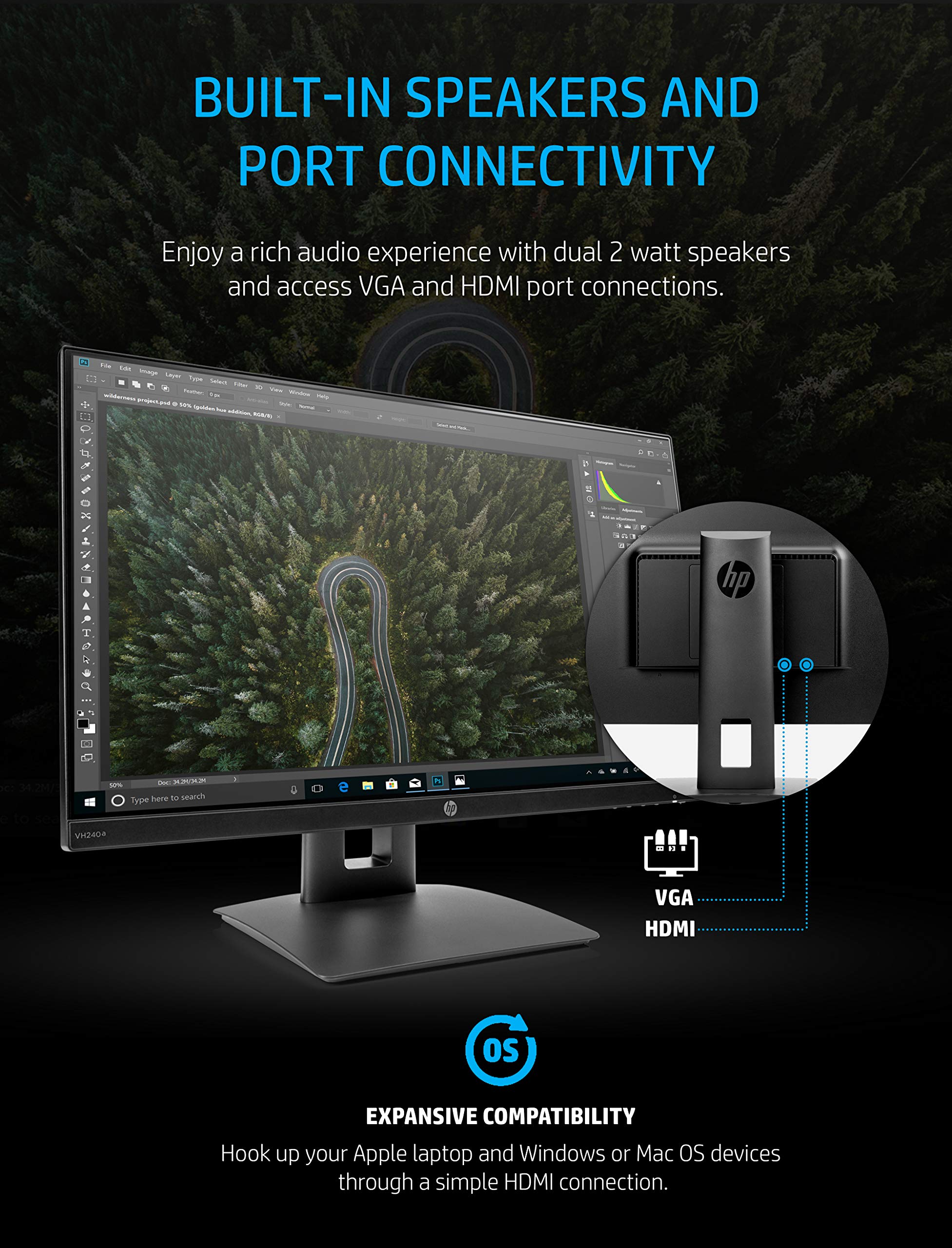REFURBRISHED HP VH240a 23.8-Inch Full HD 1080p IPS LED Monitor with Built-In Speakers and VESA Mounting, Rotating Portrait & Landscape, Tilt, and HDMI & VGA Ports  - Black FREE POWER ADAPTER AND HDMI