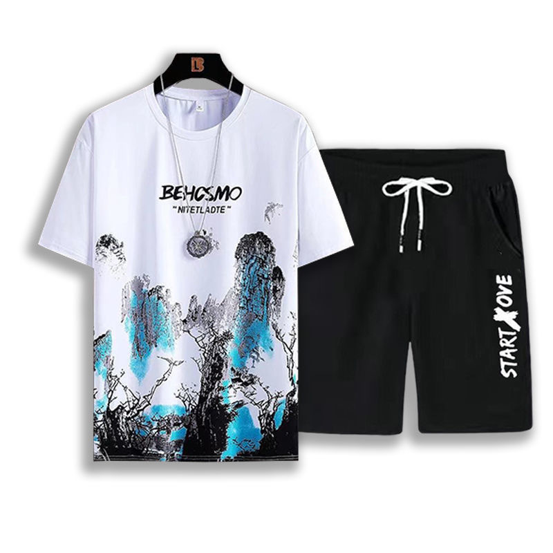 Summer Lightweight Premium Ice Silk Men's 2-Piece Tracksuit Trendy Stylish Printed Short Sleeve T-Shirt & Shorts Athletic Casual Matching Outfit Versatile Men's
