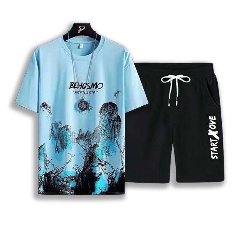 Summer Lightweight Premium Ice Silk Men's 2-Piece Tracksuit Trendy Stylish Printed Short Sleeve T-Shirt & Shorts Athletic Casual Matching Outfit Versatile Men's