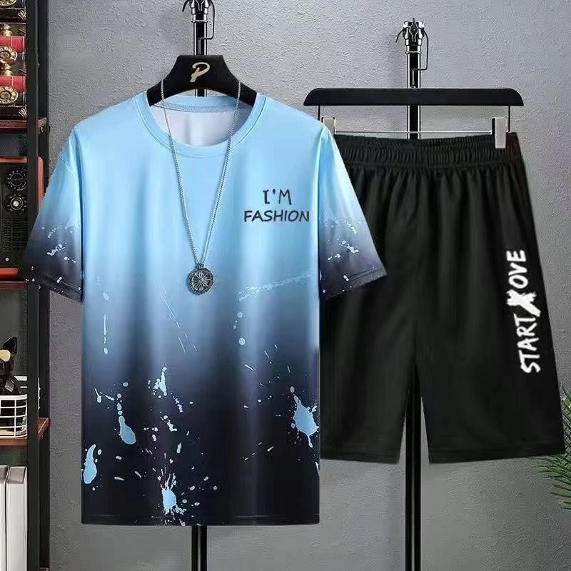 Summer Lightweight Premium Ice Silk Men's 2-Piece Tracksuit Trendy Stylish Printed Short Sleeve T-Shirt & Shorts Athletic Casual Matching Outfit Versatile Men's