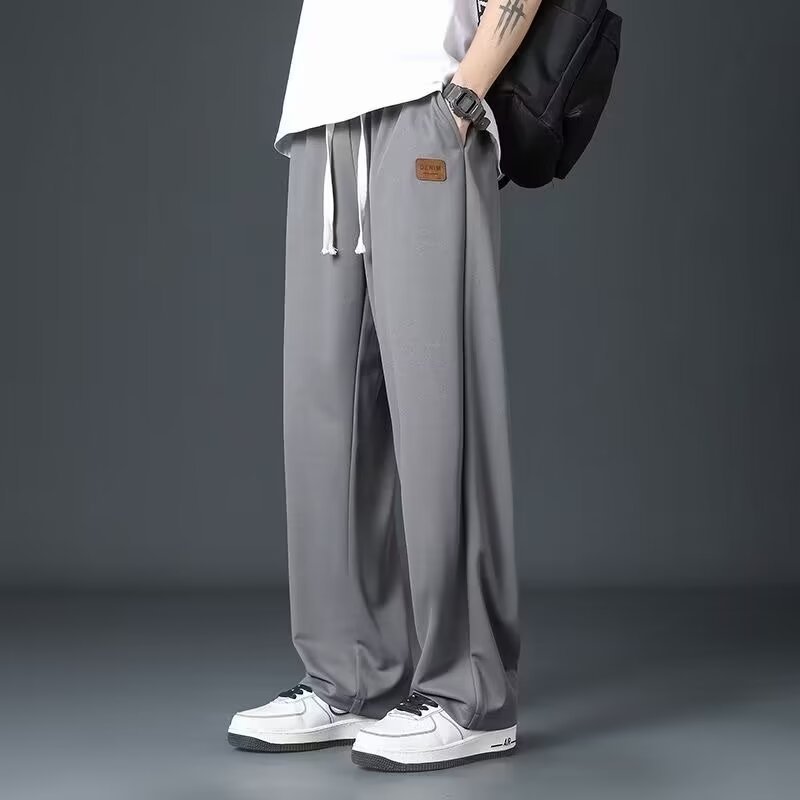 Summer Thin Ice Silk Wide Leg Pants for Men Loose Straight Drape Suit Pants Casual Floor-Length Quick-Drying Long Trousers Breathable Lightweight Daily & Outdoor Wear Pants