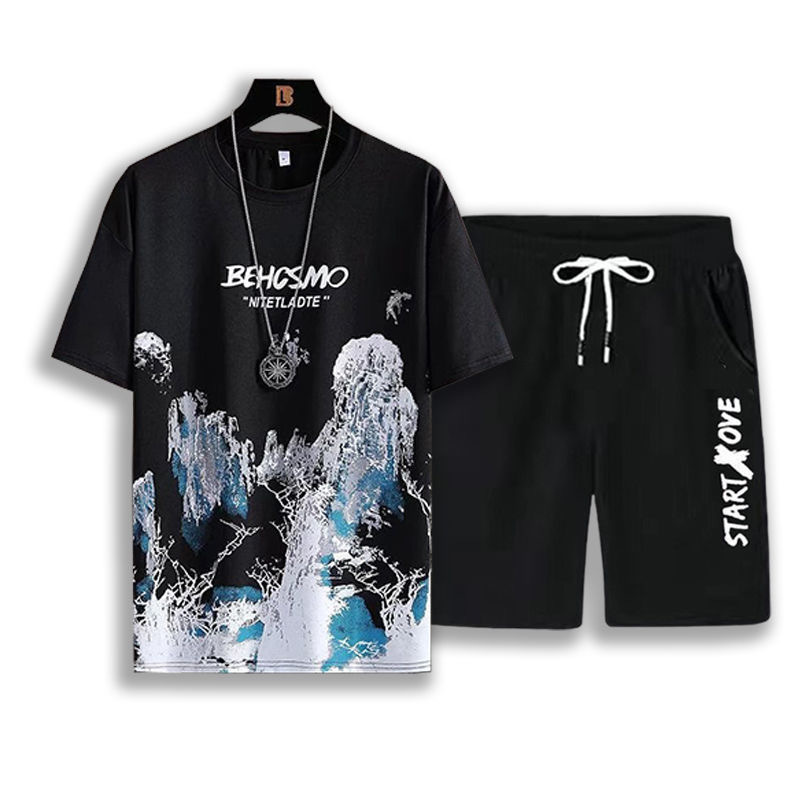 Summer Lightweight Premium Ice Silk Men's 2-Piece Tracksuit Trendy Stylish Printed Short Sleeve T-Shirt & Shorts Athletic Casual Matching Outfit Versatile Men's