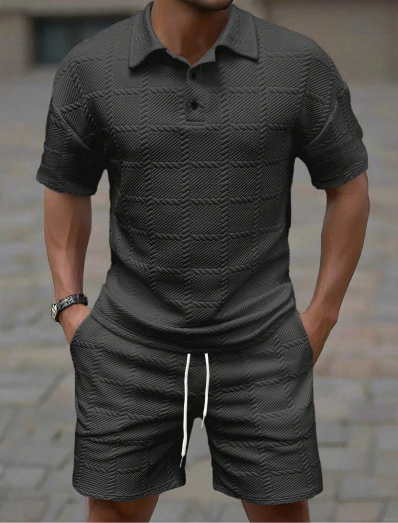 High-end Fashion School students Casual Men Short Sleeve Two-Piece Set Twisted Plaid Jacquard Texture Lapel Button Down Shirt Classic Solid Color Stylish Sports Casual Tracksuit for Daily Outdoor Wear