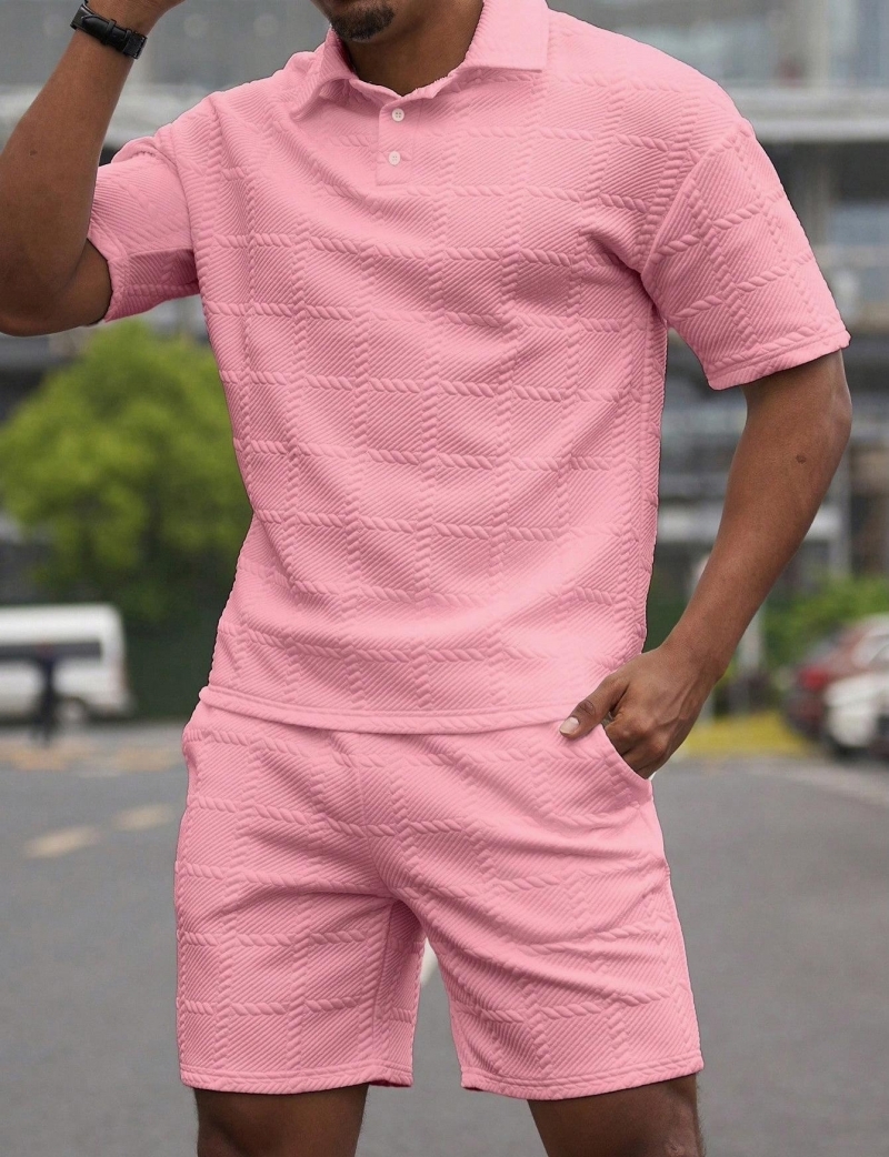 High-end Fashion School students Casual Men Short Sleeve Two-Piece Set Twisted Plaid Jacquard Texture Lapel Button Down Shirt Classic Solid Color Stylish Sports Casual Tracksuit for Daily Outdoor Wear