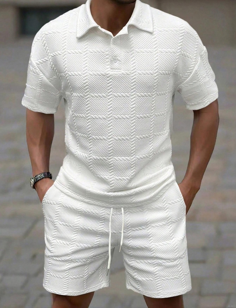 High-end Fashion School students Casual Men Short Sleeve Two-Piece Set Twisted Plaid Jacquard Texture Lapel Button Down Shirt Classic Solid Color Stylish Sports Casual Tracksuit for Daily Outdoor Wear
