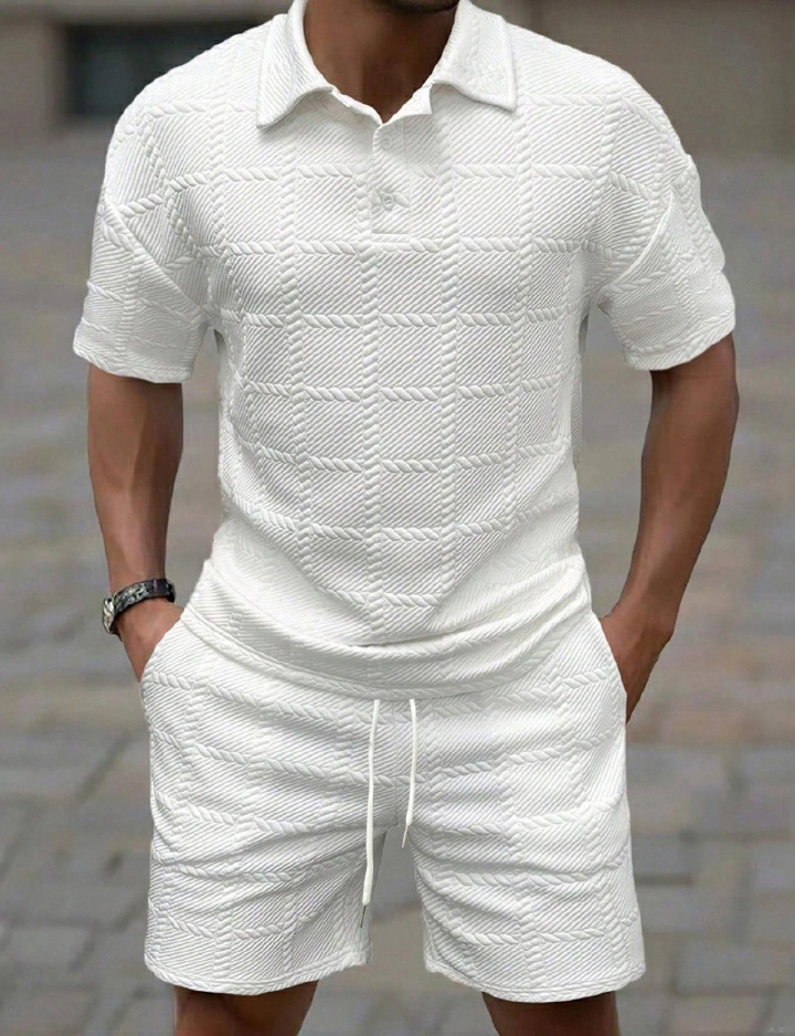 High-end Fashion School students Casual Men Short Sleeve Two-Piece Set Twisted Plaid Jacquard Texture Lapel Button Down Shirt Classic Solid Color Stylish Sports Casual Tracksuit for Daily Outdoor Wear