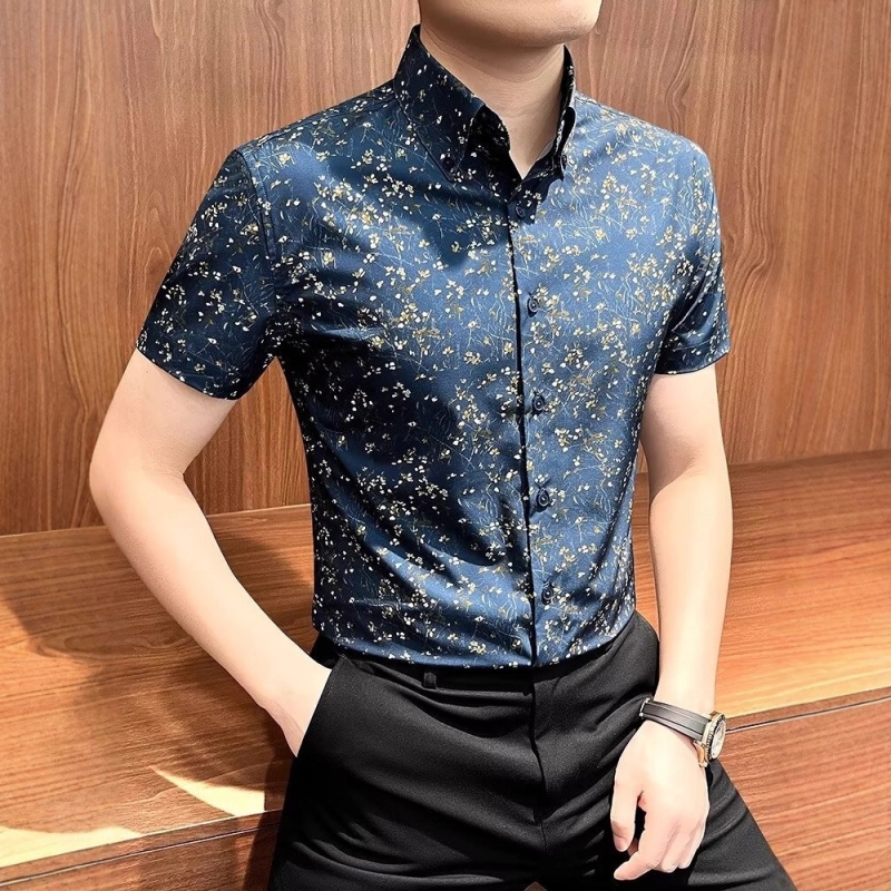 Hot Selling in Africa Premium Men's Short Sleeve Lapel Collar Shirt New Summer Floral Print Slim Fit Blouse Versatile Formal Business Casual Shirts for Young Office Working Men