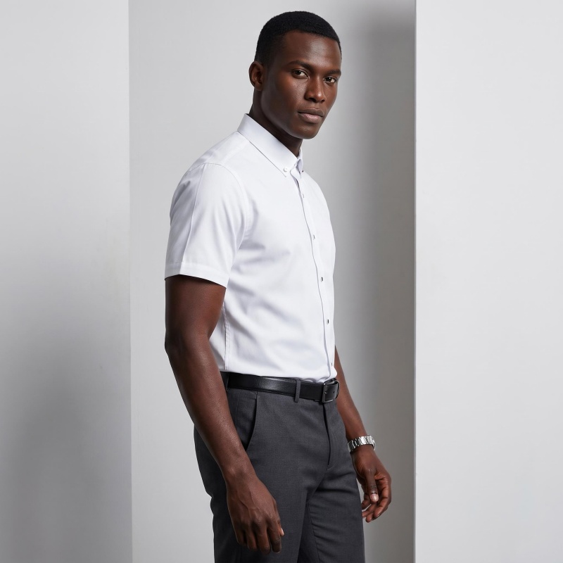 Hot Sale High Quality African Popular Men's Summer Short Sleeve White Dress Shirt Slim Fit Professional Work Uniform Business Casual Formal Wear for Young White Collar Office Men