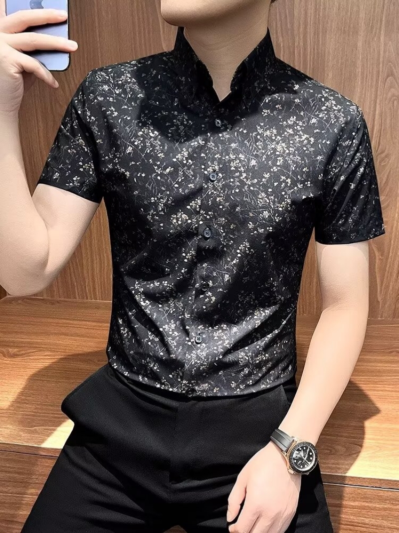 Hot Selling in Africa Premium Men's Short Sleeve Lapel Collar Shirt New Summer Floral Print Slim Fit Blouse Versatile Formal Business Casual Shirts for Young Office Working Men