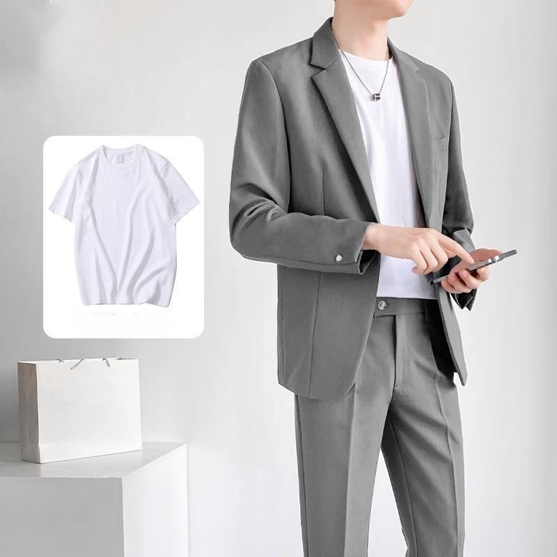 Hot Sale African Popular Men's 3-Piece Suit Set Spring Summer Loose Fit Premium All-match Trendy Blazer Jacket + Dress Pants + White T-Shirt Casual Formal Outfit for Teen Boys Young Men White Collar