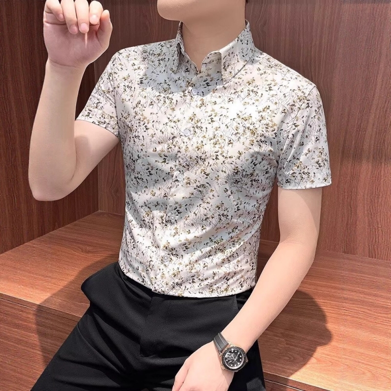 Hot Selling in Africa Premium Men's Short Sleeve Lapel Collar Shirt New Summer Floral Print Slim Fit Blouse Versatile Formal Business Casual Shirts for Young Office Working Men