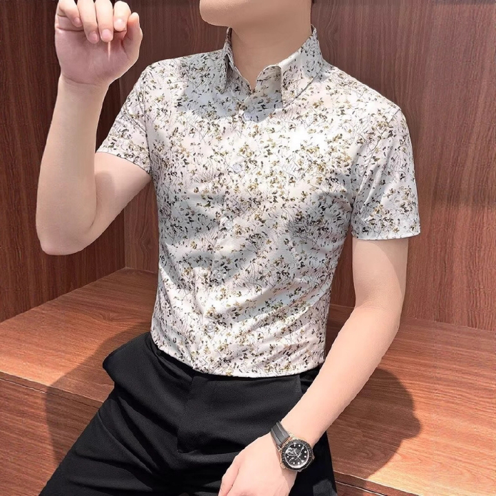 Hot Selling in Africa Premium Men's Short Sleeve Lapel Collar Shirt New Summer Floral Print Slim Fit Blouse Versatile Formal Business Casual Shirts for Young Office Working Men