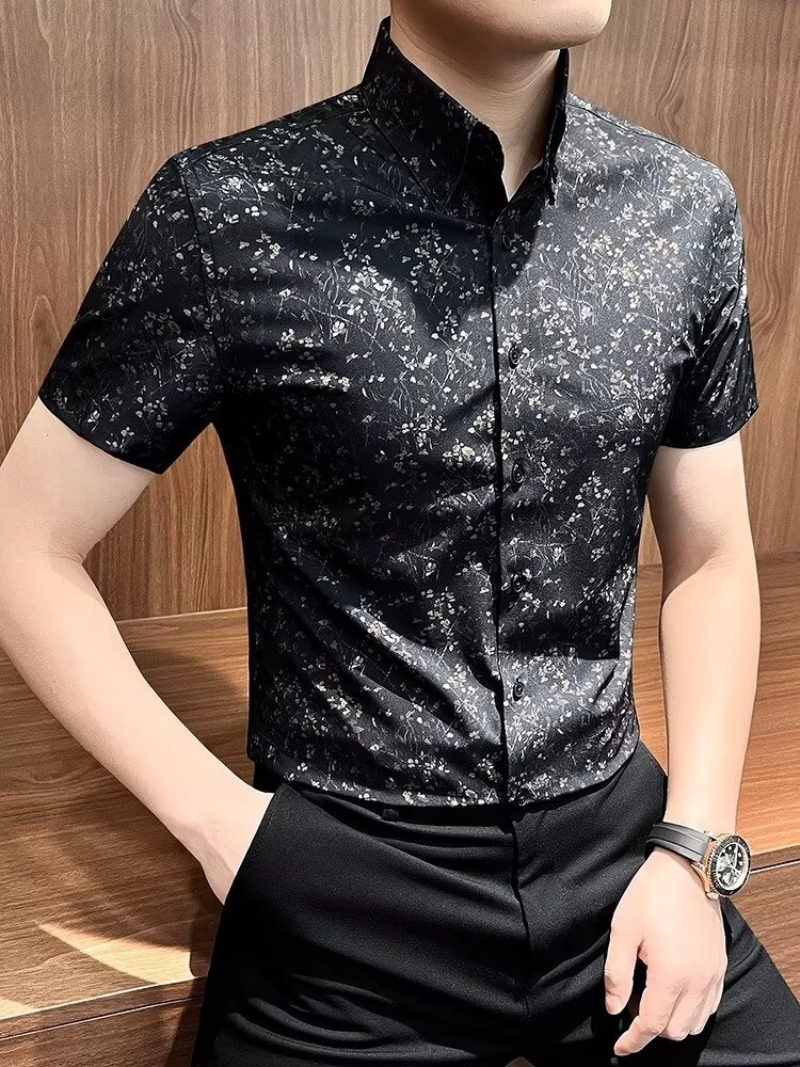 Hot Selling in Africa Premium Men's Short Sleeve Lapel Collar Shirt New Summer Floral Print Slim Fit Blouse Versatile Formal Business Casual Shirts for Young Office Working Men