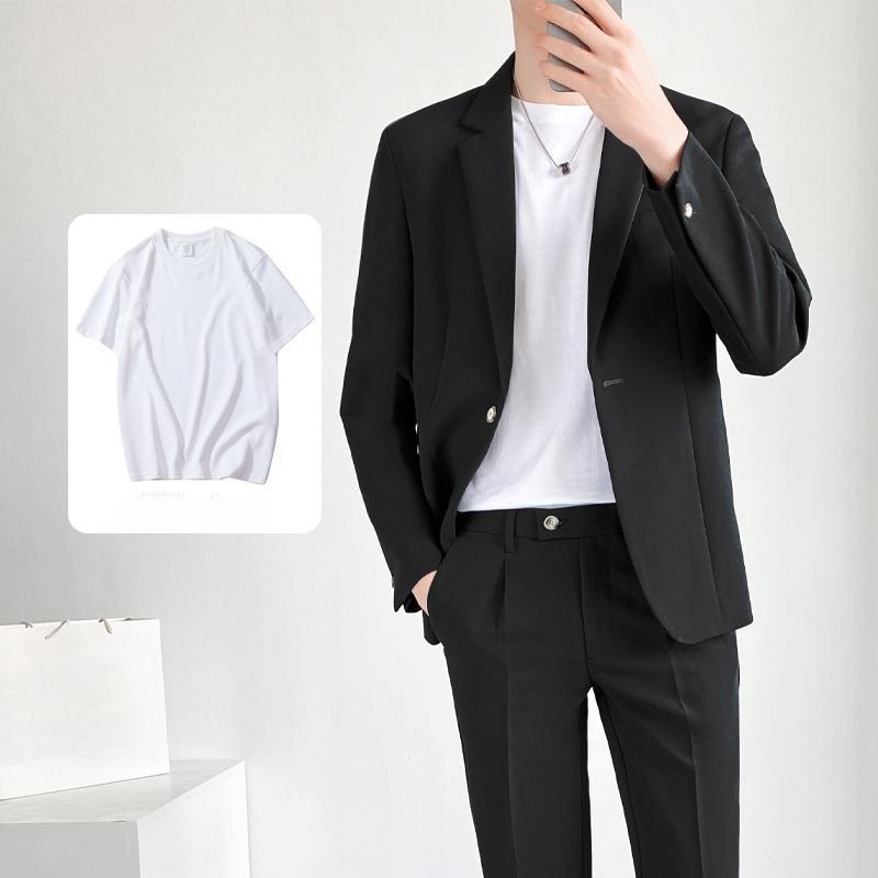 Hot Sale African Popular Men's 3-Piece Suit Set Spring Summer Loose Fit Premium All-match Trendy Blazer Jacket + Dress Pants + White T-Shirt Casual Formal Outfit for Teen Boys Young Men White Collar