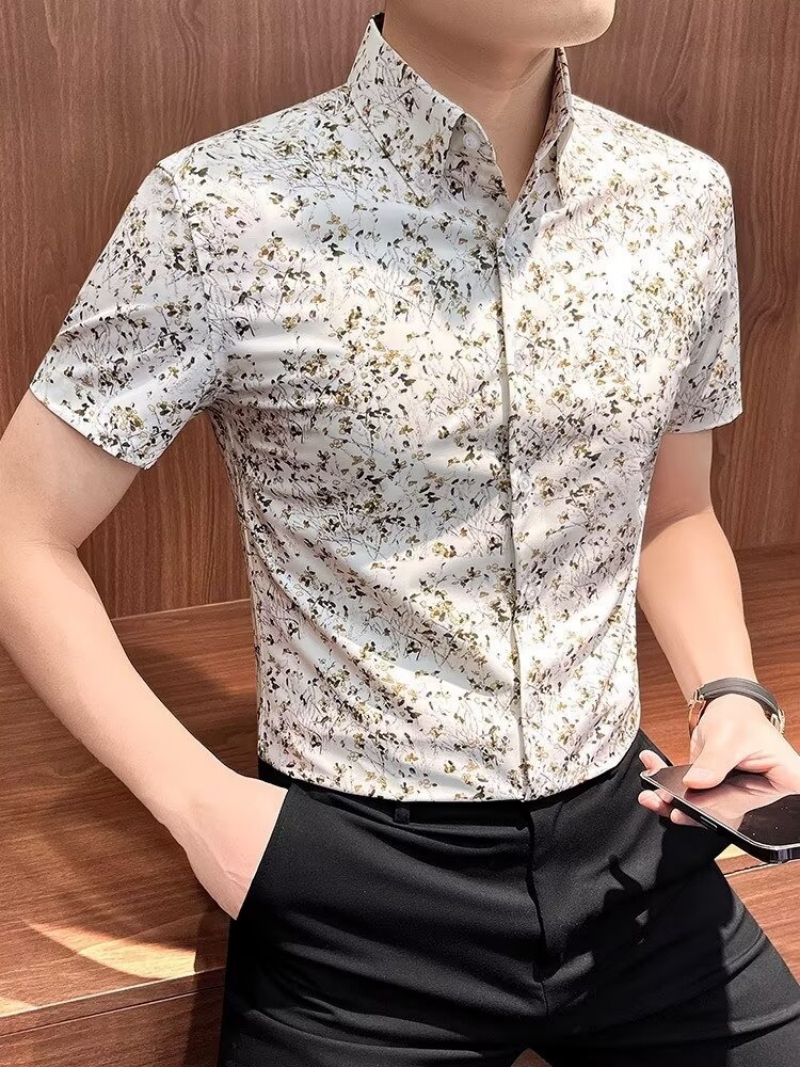 Hot Selling in Africa Premium Men's Short Sleeve Lapel Collar Shirt New Summer Floral Print Slim Fit Blouse Versatile Formal Business Casual Shirts for Young Office Working Men