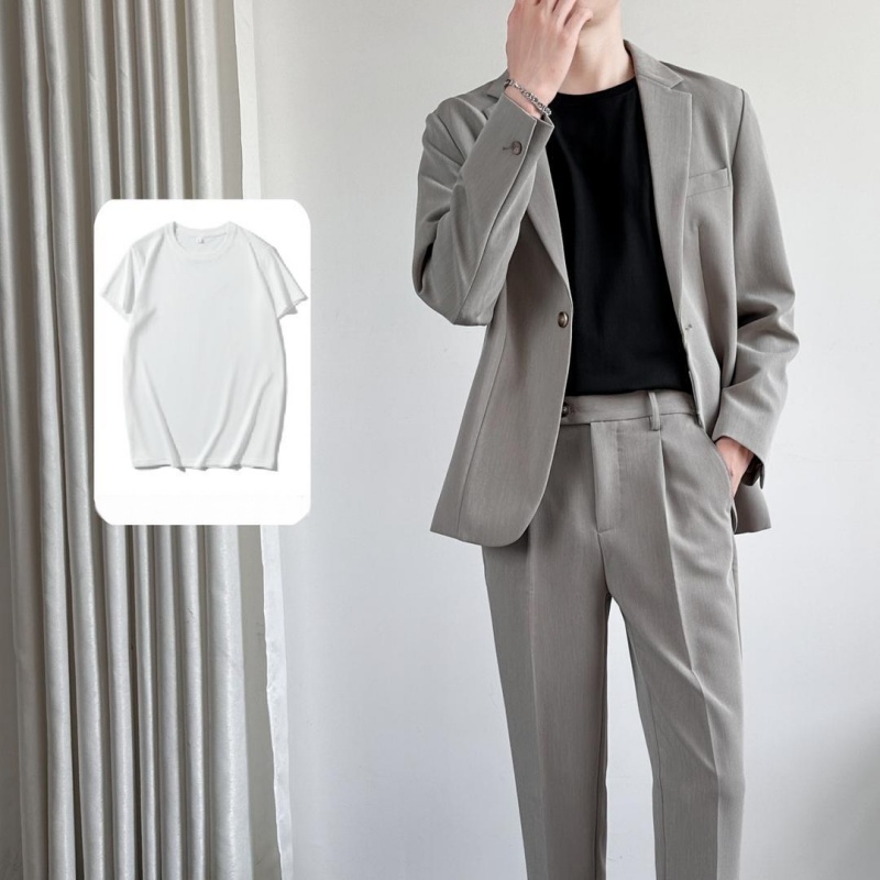 Hot Sale African Popular Men's 3-Piece Suit Set Spring Summer Loose Fit Premium All-match Trendy Blazer Jacket + Dress Pants + White T-Shirt Casual Formal Outfit for Teen Boys Young Men White Collar