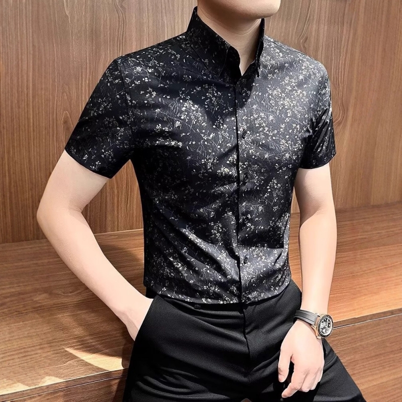 Hot Selling in Africa Premium Men's Short Sleeve Lapel Collar Shirt New Summer Floral Print Slim Fit Blouse Versatile Formal Business Casual Shirts for Young Office Working Men