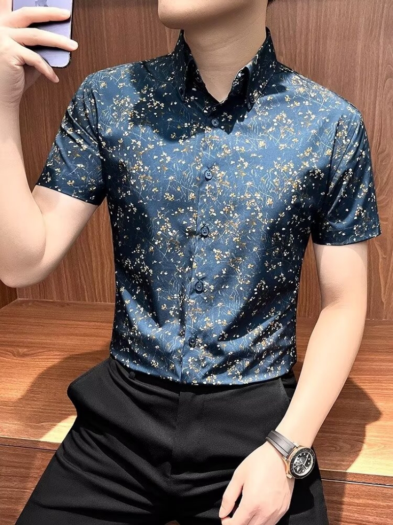 Hot Selling in Africa Premium Men's Short Sleeve Lapel Collar Shirt New Summer Floral Print Slim Fit Blouse Versatile Formal Business Casual Shirts for Young Office Working Men