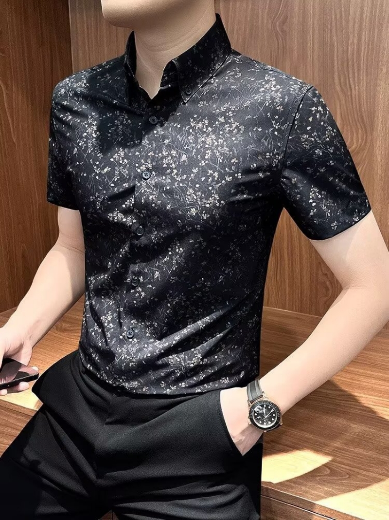 Hot Selling in Africa Premium Men's Short Sleeve Lapel Collar Shirt New Summer Floral Print Slim Fit Blouse Versatile Formal Business Casual Shirts for Young Office Working Men