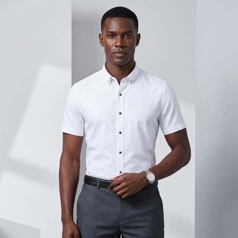 Hot Sale High Quality African Popular Men's Summer Short Sleeve White Dress Shirt Slim Fit Professional Work Uniform Business Casual Formal Wear for Young White Collar Office Men