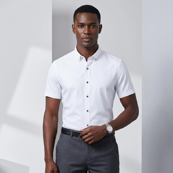 Hot Sale High Quality African Popular Men's Summer Short Sleeve White Dress Shirt Slim Fit Professional Work Uniform Business Casual Formal Wear for Young White Collar Office Men