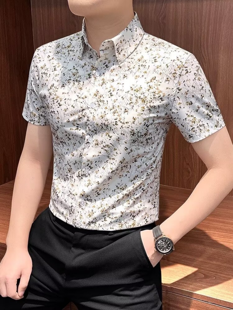 Hot Selling in Africa Premium Men's Short Sleeve Lapel Collar Shirt New Summer Floral Print Slim Fit Blouse Versatile Formal Business Casual Shirts for Young Office Working Men