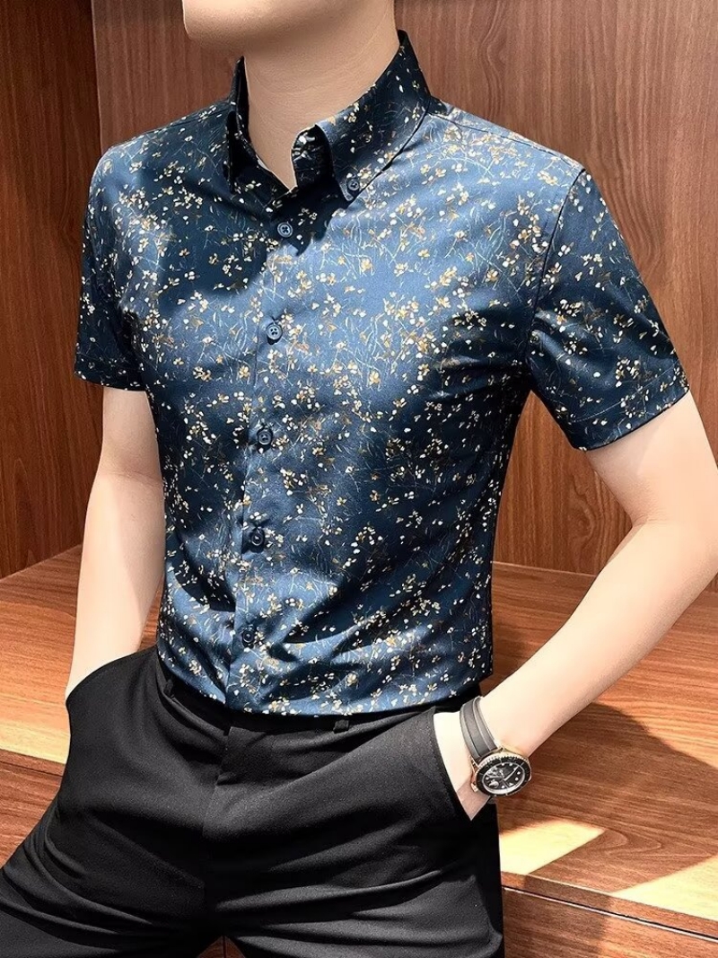 Hot Selling in Africa Premium Men's Short Sleeve Lapel Collar Shirt New Summer Floral Print Slim Fit Blouse Versatile Formal Business Casual Shirts for Young Office Working Men