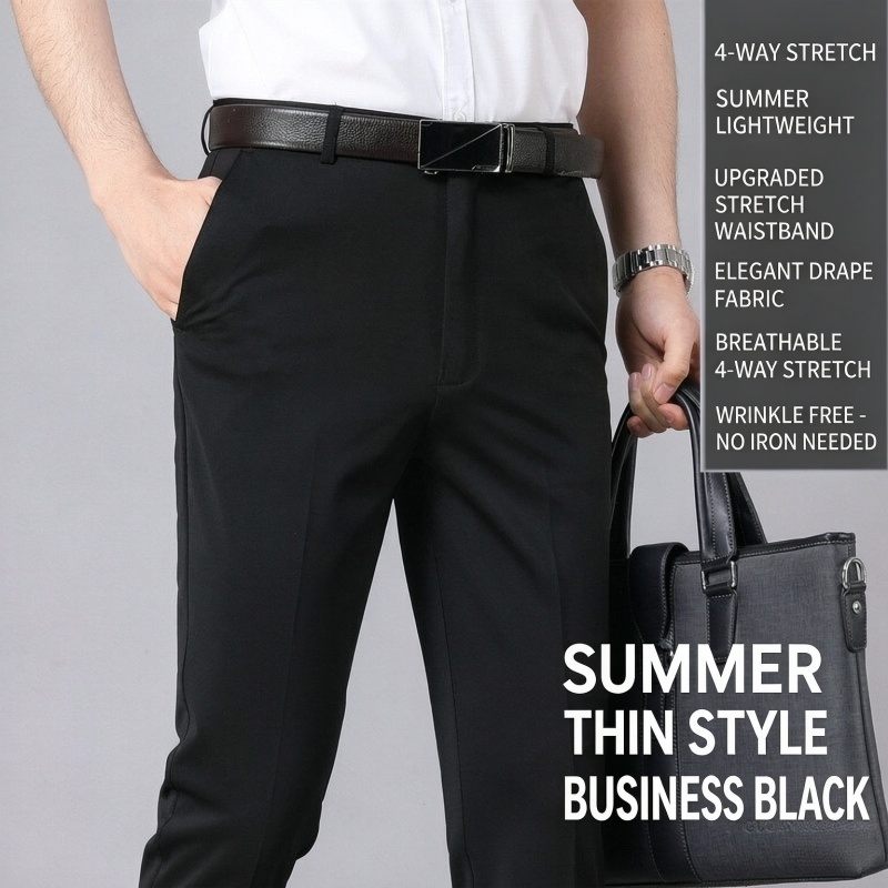 Hot Sale 2 Pcs Men's Summer Lightweight High Stretch Slim Fit Straight Leg Drapey Business Suit Pants Casual Trousers Formal Office Men Work Wear