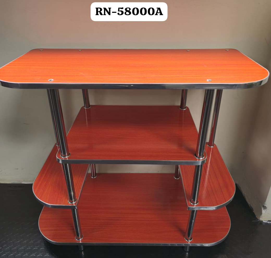 3-tier wooden executive TV stand with a walnut or cherry wood finish and chrome metal pillars.This furniture piece is typically constructed from engineered wood materials like MDF board.It features cu