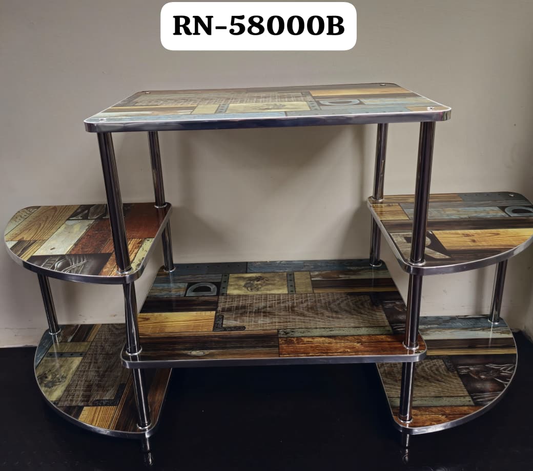 Butterfly Shaped Wooden TV Stand designed for TVs up to 32 inches.Design & Material: It features laminated MDF boards with a wooden pattern and durable stainless steel pillars.Dimensions & Use: The st