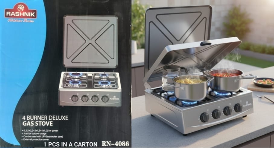 4 Burner Deluxe Gas Stove 🌟 — perfect for busy kitchens and family cooking.
🔥 Spacious 4-burner design for multitasking
🔥 Strong stainless steel body for long-lasting durability
🔥 Energy-efficient