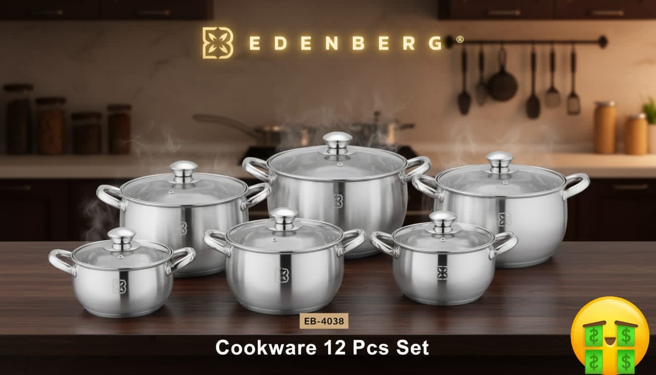 12PCS ✨ EDENBERG STAINLESS STEEL COOKWARE SET ✨

Bring elegance and durability to your kitchen with the Edenberg 12-piece stainless steel cookware set. Designed for everyday cooking, this premium set