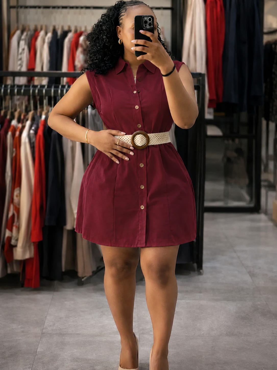 Elegant Sleeveless Shirt Dress with Belt – Olive Green, Lime Green, White, Maroon, Brown