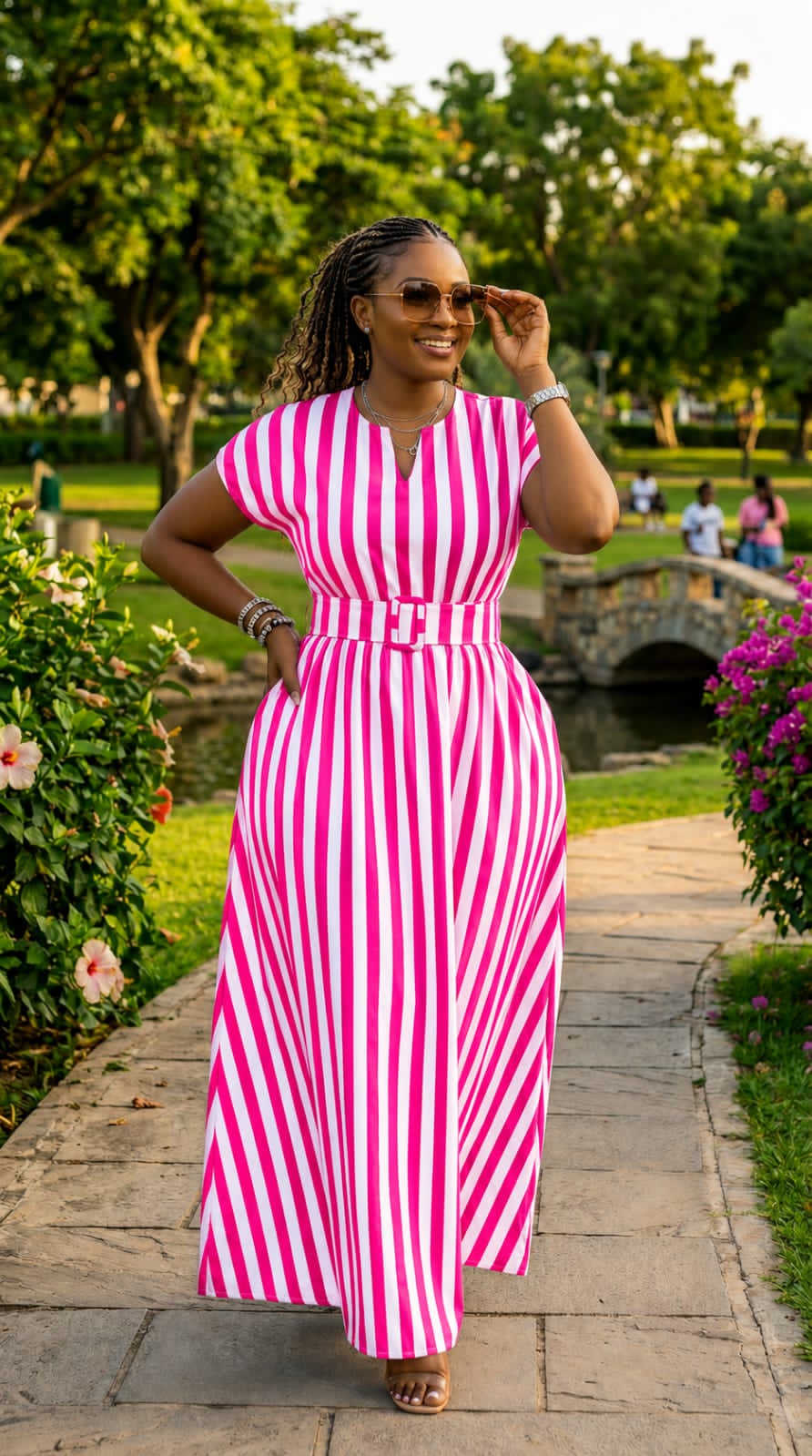 Women's Striped Maxi Dress  Size L,XL,XXL- Pink & White, Blue &White, Black & White Featuring a Flattering V-neckline