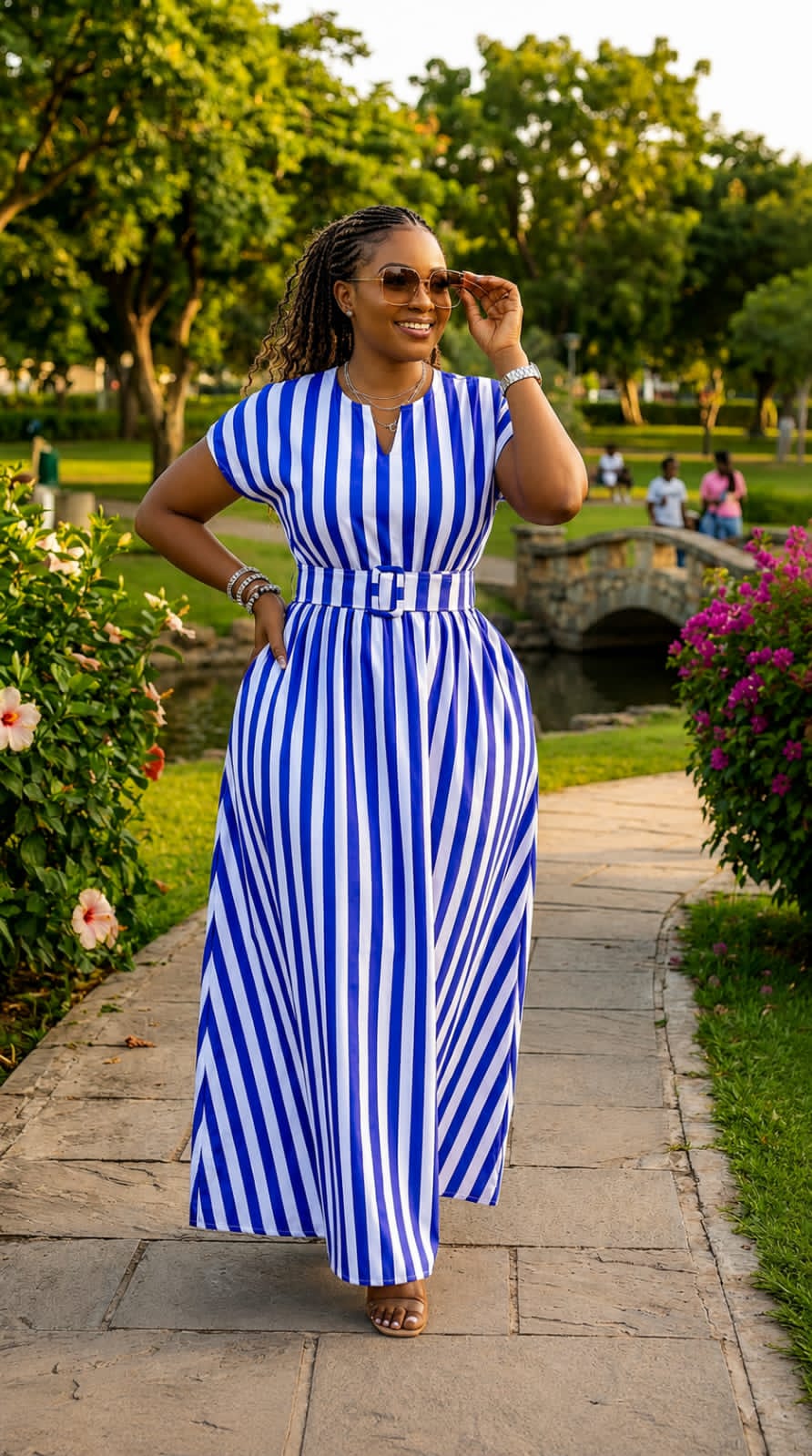 Women's Striped Maxi Dress  Size L,XL,XXL- Pink & White, Blue &White, Black & White Featuring a Flattering V-neckline
