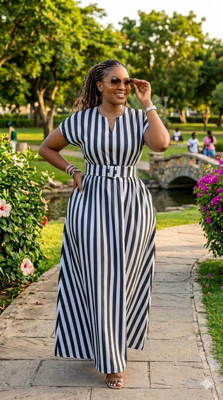 Women's Striped Maxi Dress  Size L,XL,XXL- Pink & White, Blue &White, Black & White Featuring a Flattering V-neckline