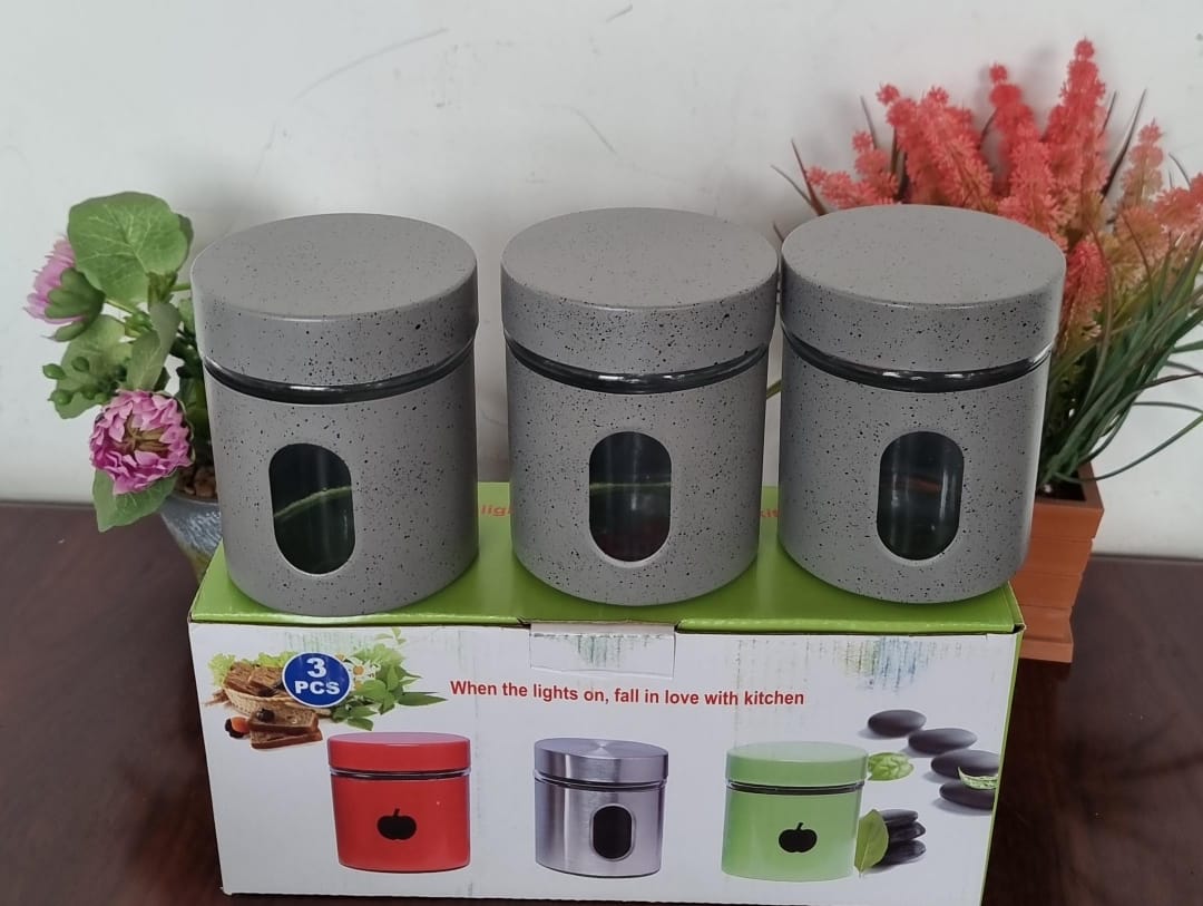 450ML x 3 PC GLASS CANISTER WITH STYLISH METAL COVERING..SPICE JARS COMES IN 3 JARS